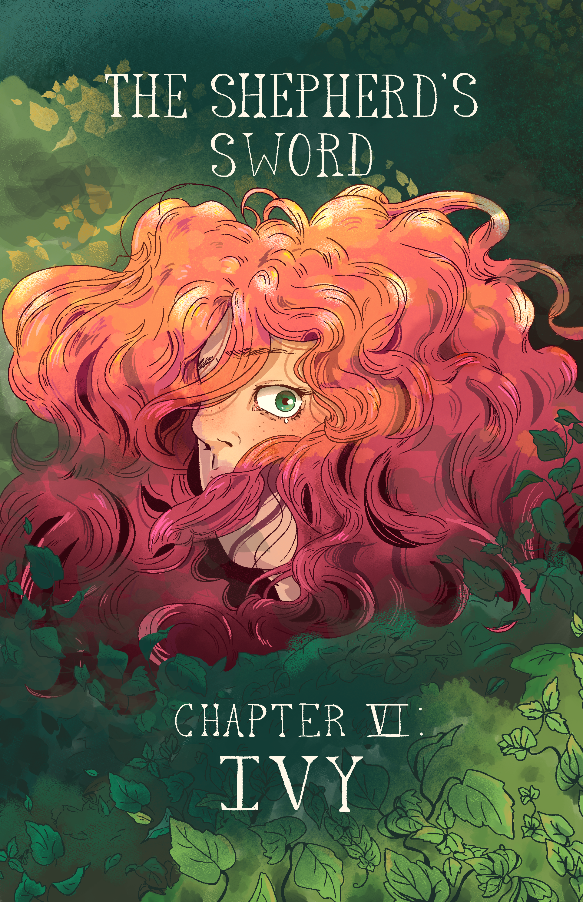 The Shepherd's Sword Chapter 6 Ivy. Nieve and her huge red hair are surrounded by green plants.