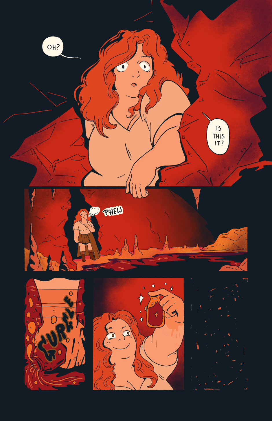 Nieve enters a dimly lit red cavern. She fills up a vile with water from a still pool triumphantly, then the darkness returns.