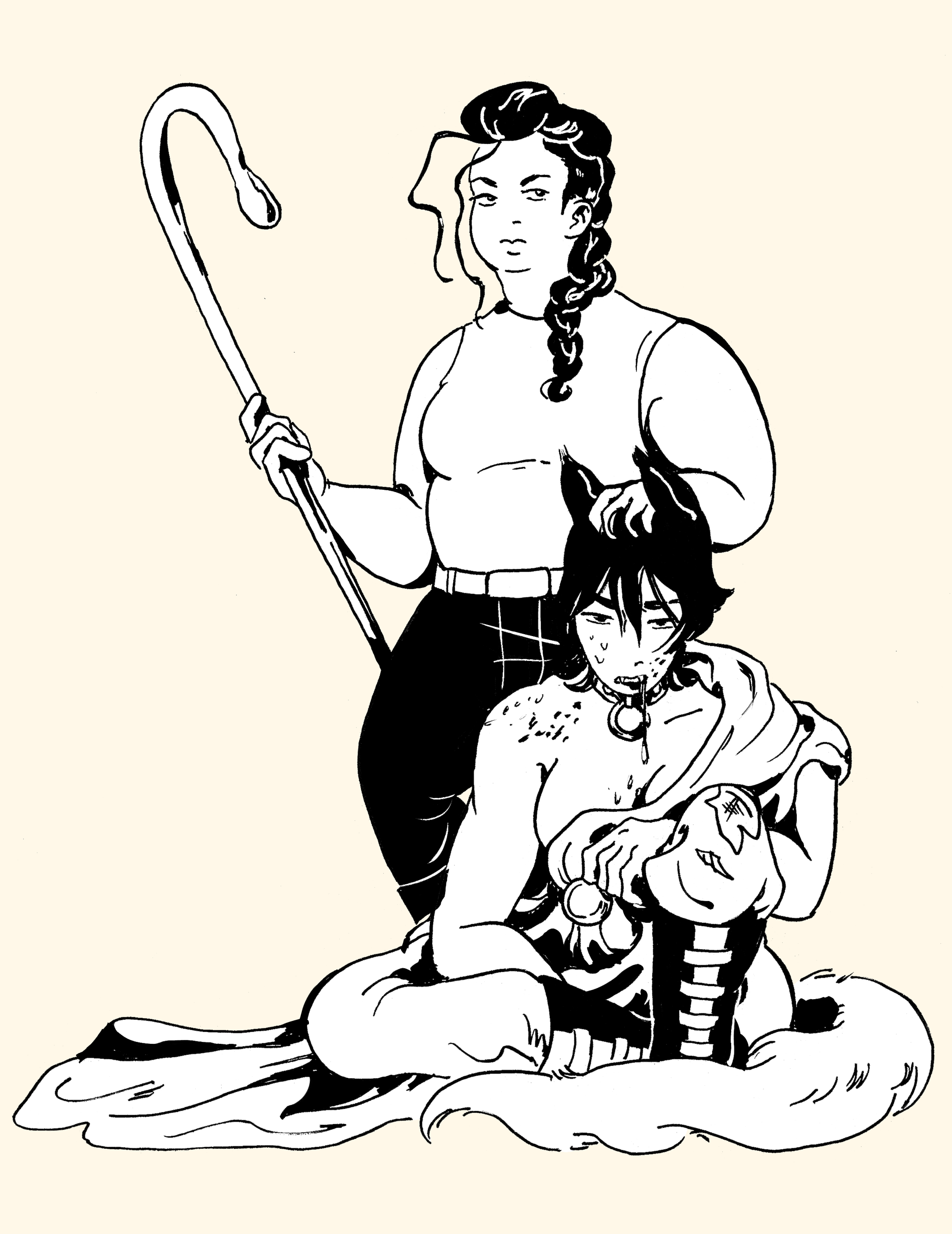 Illustration by Cam McCafferty of Shep and Wayne from The Shepherd's Sword. Wayne is sitting half naked with wolf ears and a tail. Shep stands over her with her hand on Wayne's head.