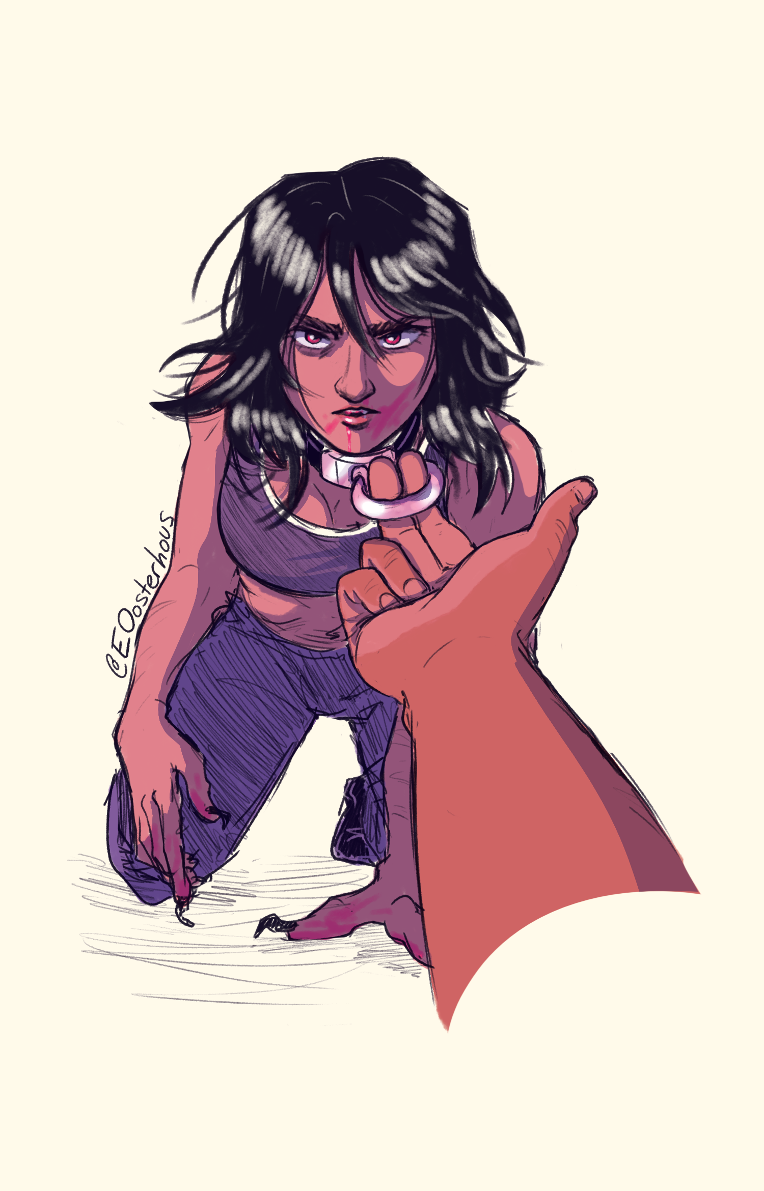 Illustration by Emma Oosterhous of Wayne from The Shepherd's Sword on her knees as Shep pulls on her collar.