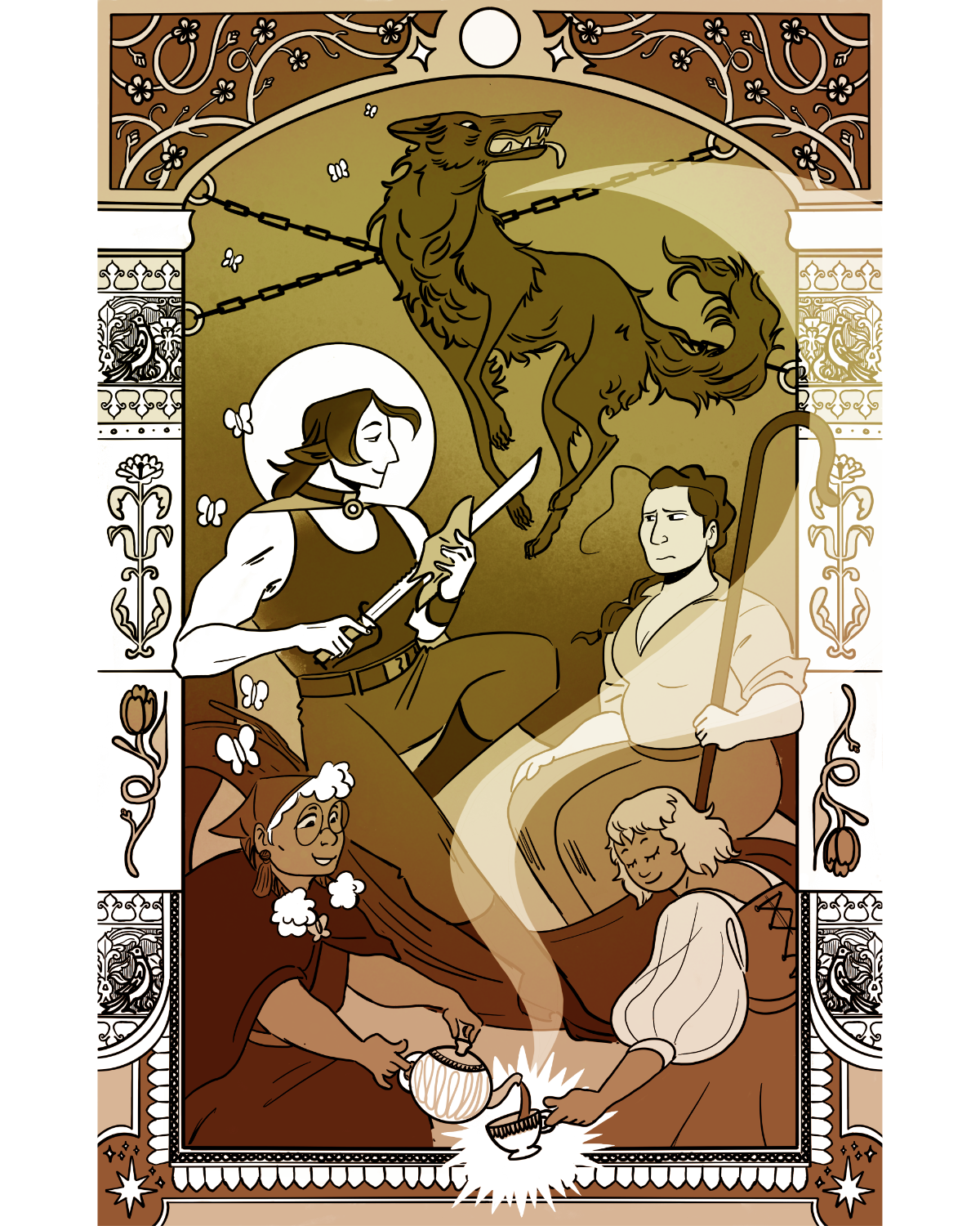 A duo toned illustration by En Nelson-Correia of the characters in The Shepherds Sword. A wolf is chained at the top of the composition, followed by Wayne, haloed by the moon, and Shep, looking nervous. At the bottom of the composition, Granny pours Robin a cup of tea, also haloed by a star.