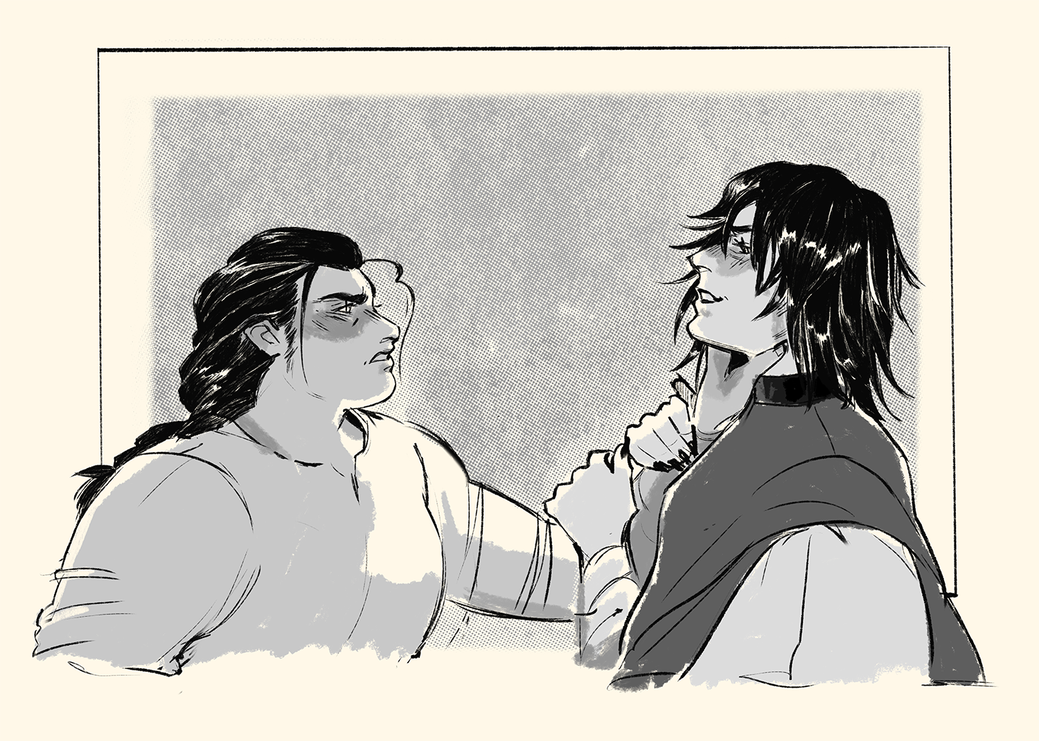 Black and white illustration by Springmaidens of Shep and Wayne from The Shepherd's Sword. Shep grips Wayne's throat, and Wayne smirks through the choke out with her hands on Shep's forearm.