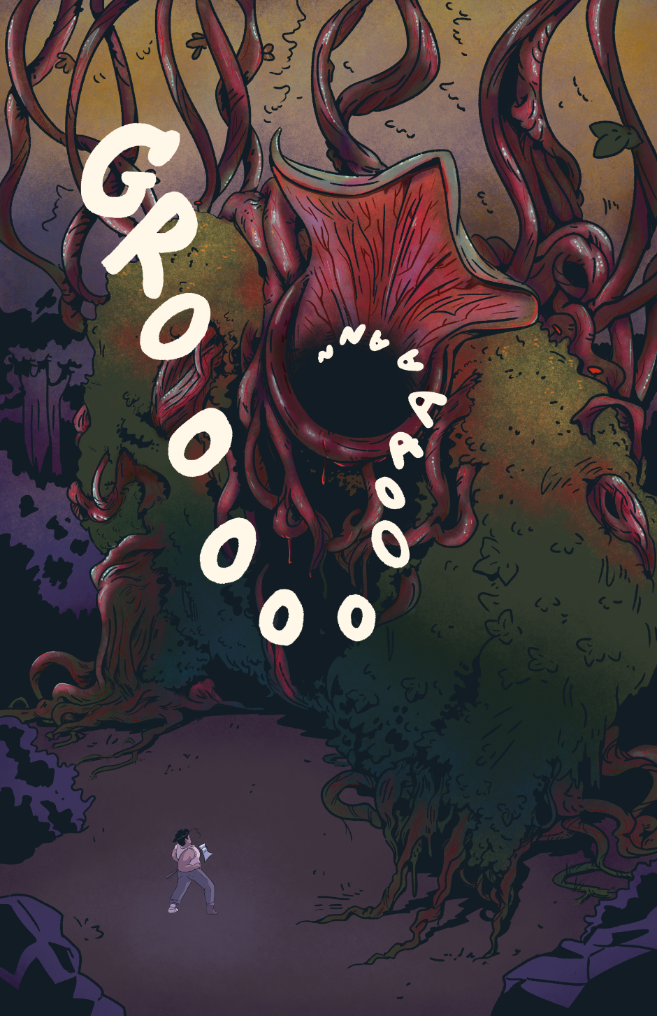 An enormous monster made of throbbing red vines and leaves with a pitcher plant maw groans over Shep, dwarfed in the shadow of the beast