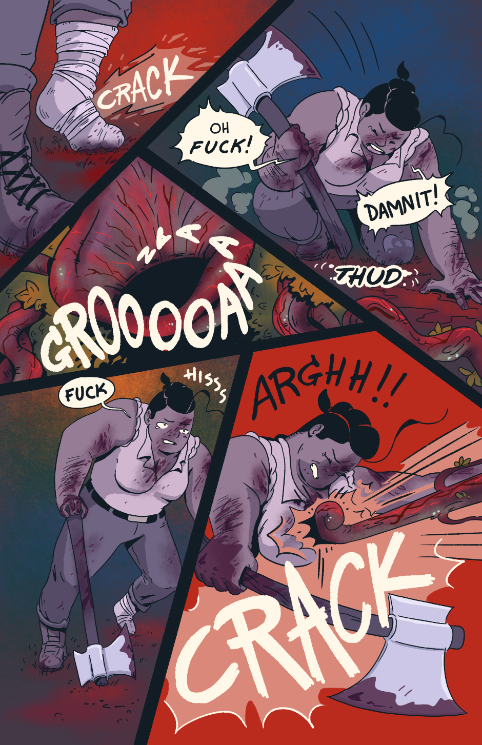 Shep steps down on her sprained ankle, which cracks, dropping her to her knees. As she stands shakily to her feet, another vine slams into her chest.