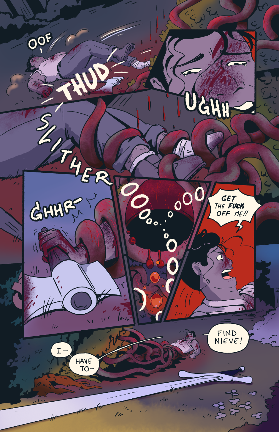 Shep is knocked to the ground as tentacles wrap her legs, pinning down her ax in her hand. She shouts for Nieve and eyes the sword in the dirt.