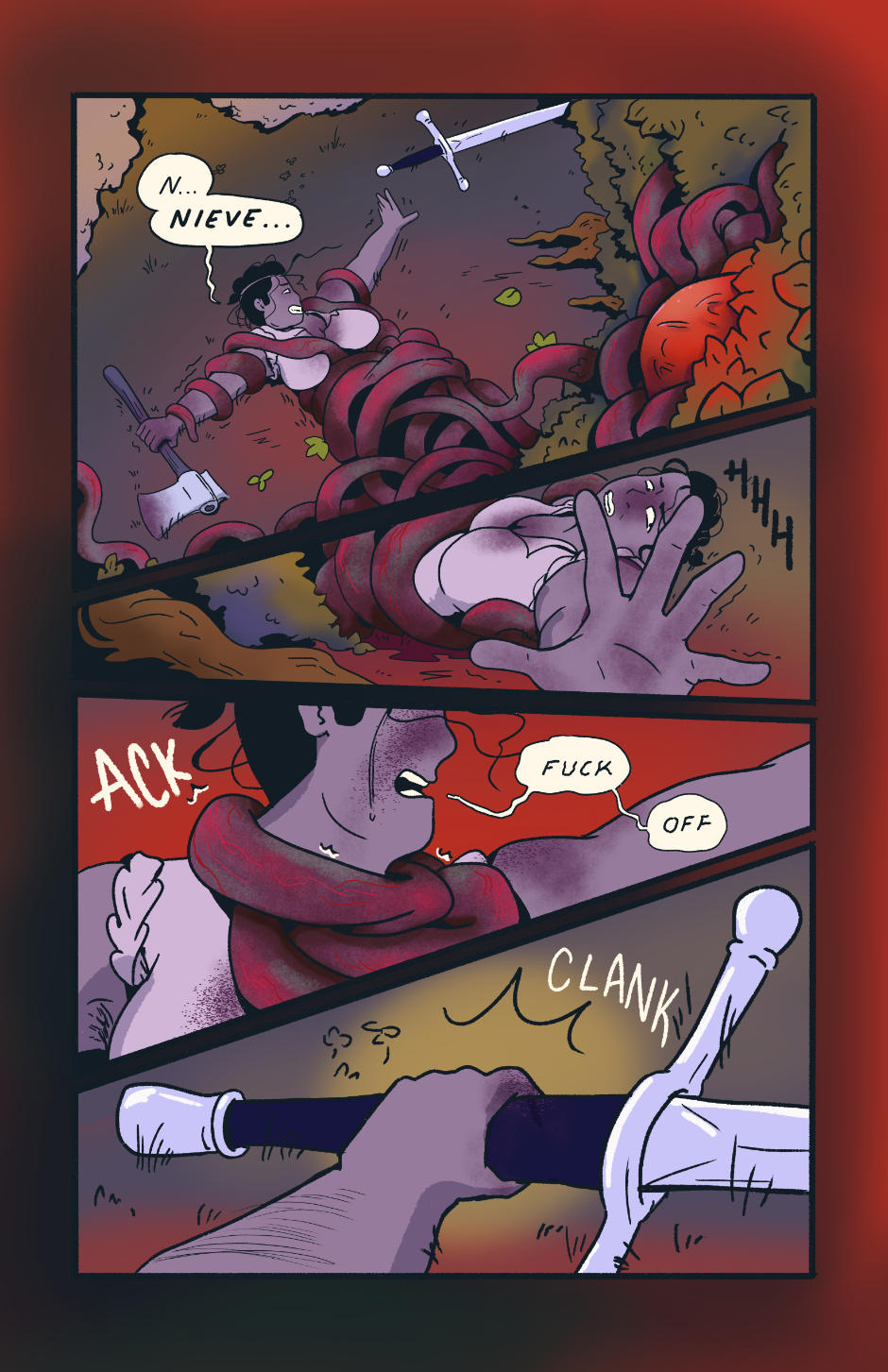 Shep struggles to reach the sword, vines choking her around her neck, before finally she grabs it.