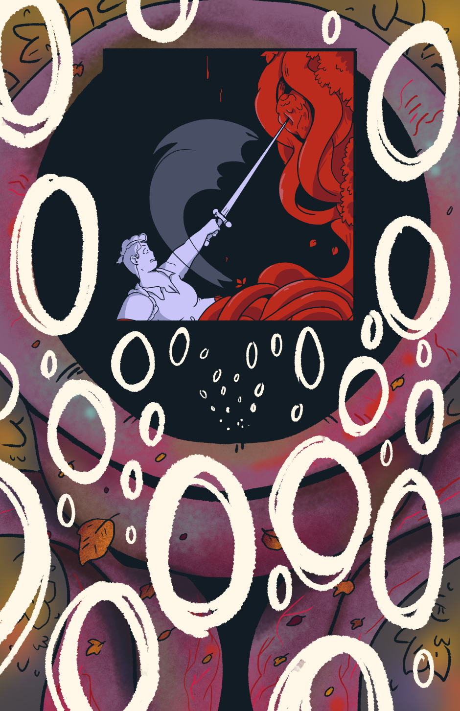 Shep swings the sword desperately, landing a piercing strike on the heart of the plant monster, which lets out a miserable bellow.