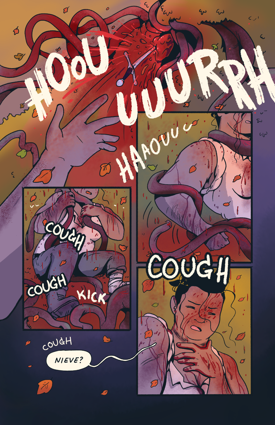 The plant monster rolls back with a guttural wail, spraying blood down on Shep like rain. The vines loosen, and Shep coughs out for Nieve.