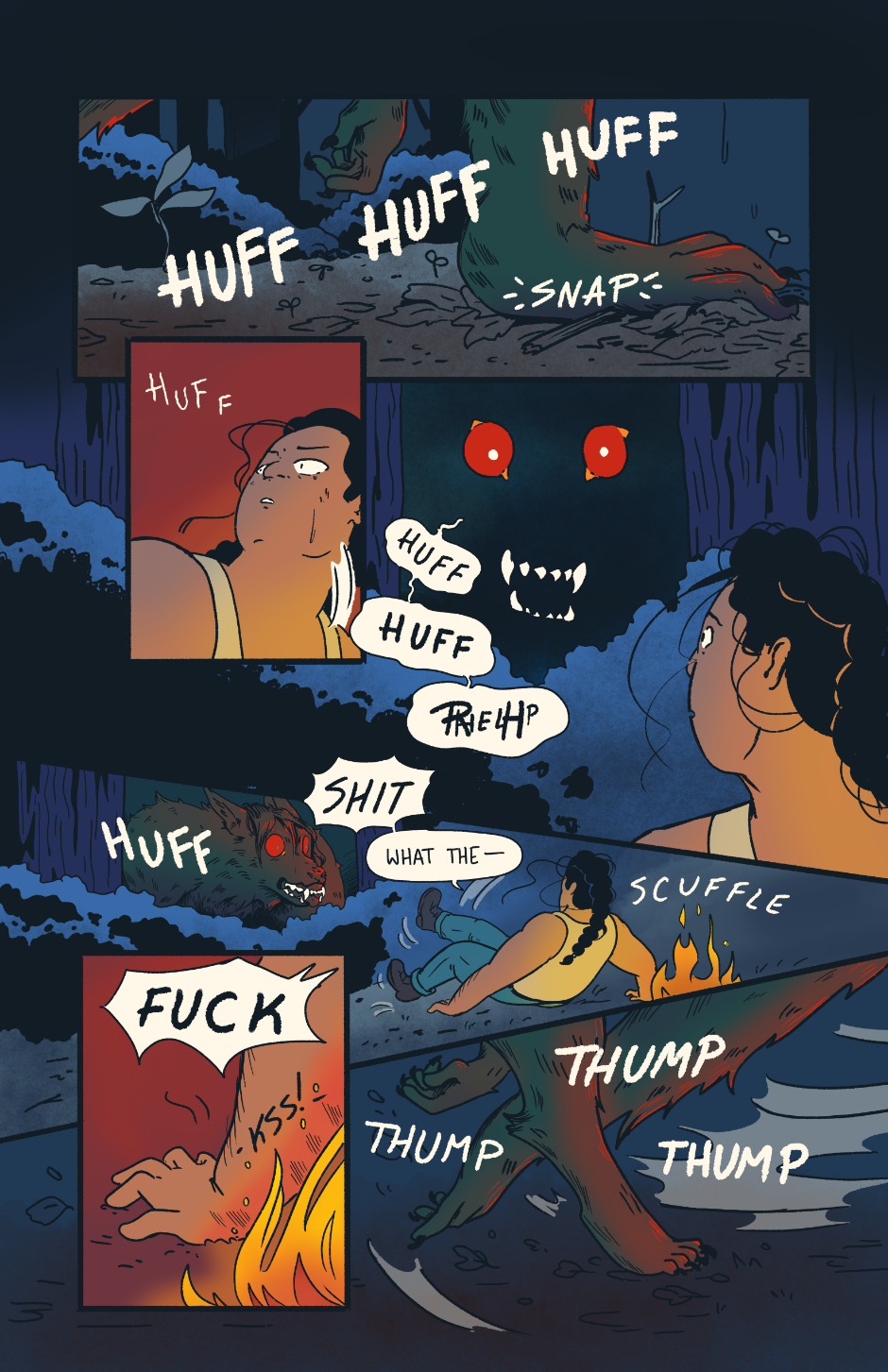 A wolflike creature stalks up on Shep in the forest. Shep whips her head around to see a huffing monster. She scrambles backwards and burns herself on the fire. The wolf starts running towards her.