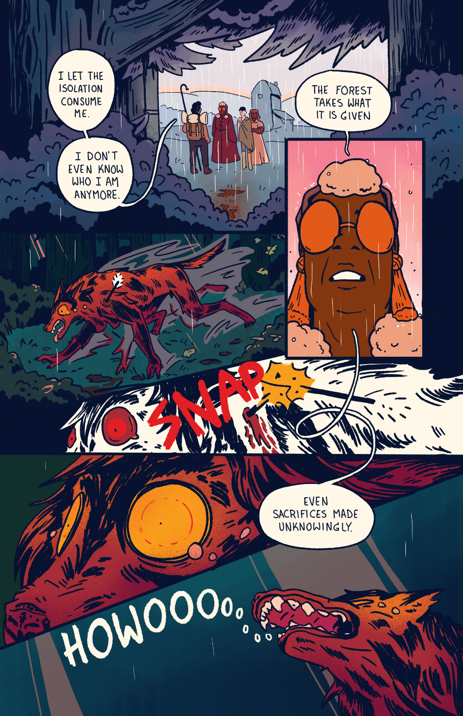 Wolf Wayne runs through the forest, arrow snapping off in her shoulder while Granny monologs overtop.