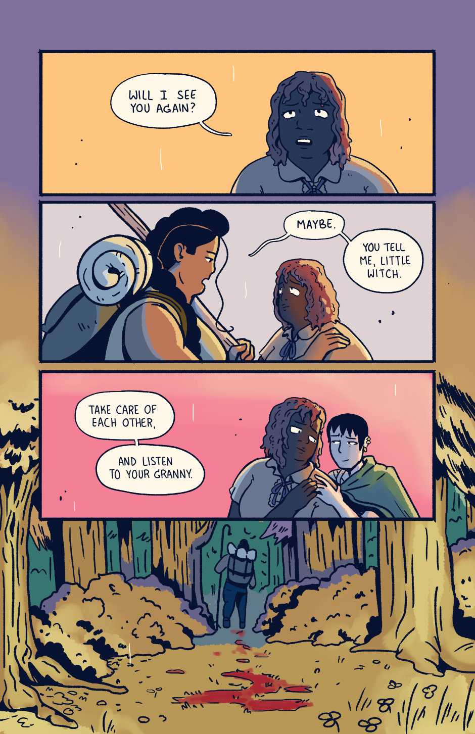 Robin asks Shep if she'll ever see her again. Shep says "you tell me, little witch" and heads into the forest following a blood trail.